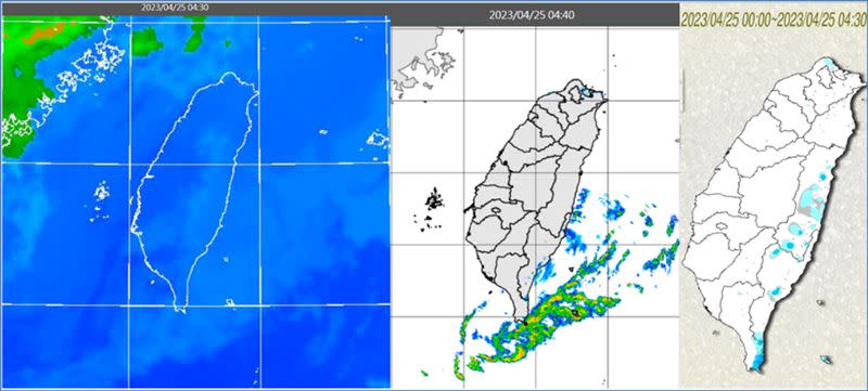 左圖：25日晨4：30紅外線色調強化雲圖顯示，台灣附近雲層鬆散。