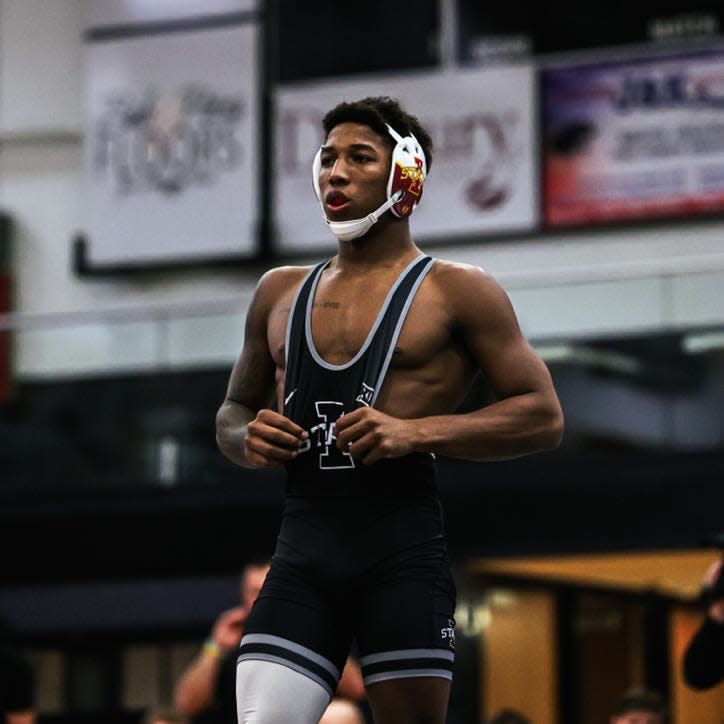 Iowa State wrestler David Carr, a former Perry High School standout, during his match in a dual with Cleveland State on Sunday at Perry.