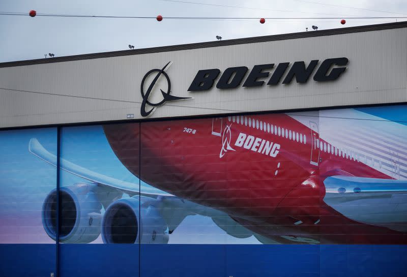 A Boeing logo is seen at the company's facility in Everett