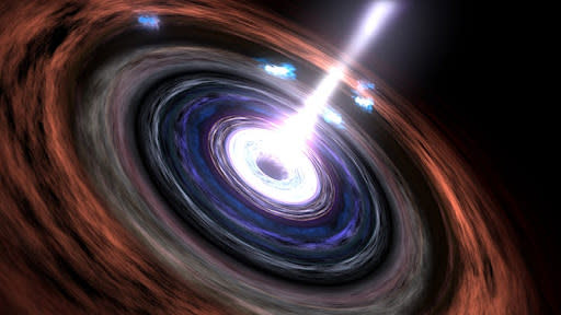  An illustration of a swirling disk around a jet of bright white light. 