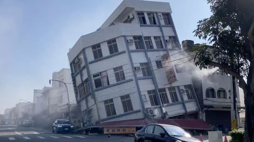 A partially collapsed building following the quake in Hualien, eastern Taiwan, on Wednesday. - TVBS/AP