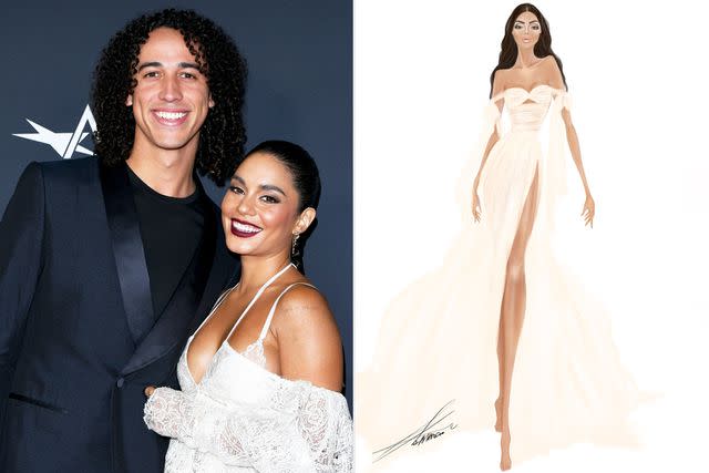 <p>Axelle/Bauer-Griffin/FilmMagic; Sharon Sever</p> Cole Tucker and Vanessa Hudgens Wedding Dress Sketch