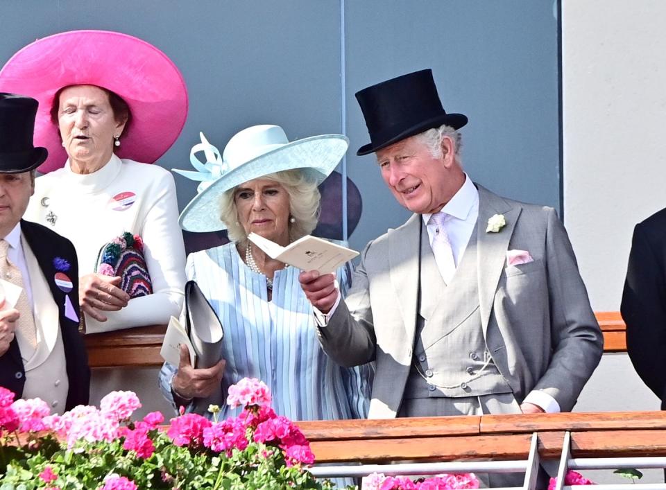 <p>Camilla, Duchess of Cornwall and Prince Charles look on during one of the races. </p>