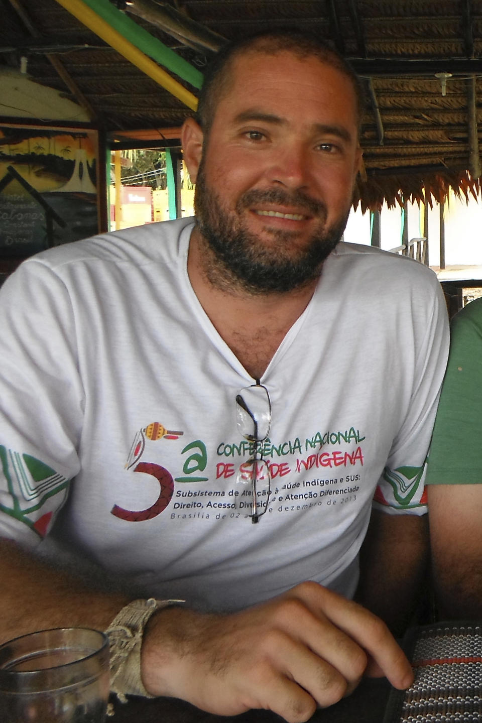 This photo provided by anthropologist Barbara Maisonnave Arisi shows Indigenous affairs expert Bruno Pereira at a restaurant in Benjamin Constant, Amazonas state, Brazil, June 8, 2014. Pereira was killed along with British freelance reporter Dom Phillips after they disappeared together in Brazil’s remote Amazon region on June 5, 2022. (Barbara Maisonnave Arisi via AP)