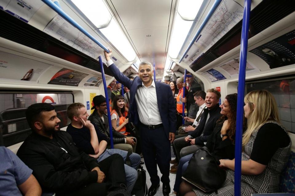 Sadiq Khan rides the first ever Night Tube service which was launched in August 2016. (Reuters)