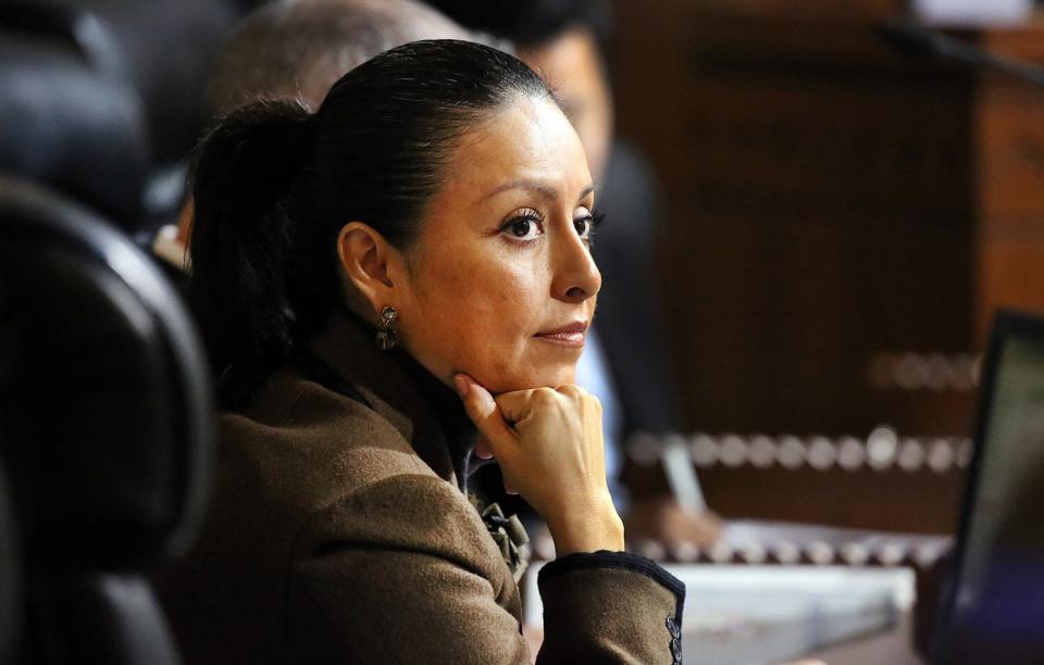 LOS ANGELES, CA - JANUARY 20, 2016 - Los Angeles City Council member Nury Martinez, the only woman serving on the city council and the first female Hispanic member in a quarter century listens during a council meeting Wednesday, January 20, 2016. Martinez representing the 6th district was elected in 2013 to succeed Tony Cardenas,[ who vacated his seat to become U.S. House Representative for California's 29th congressional district. (Photo by Al Seib/Los Angeles Times via Getty Images)