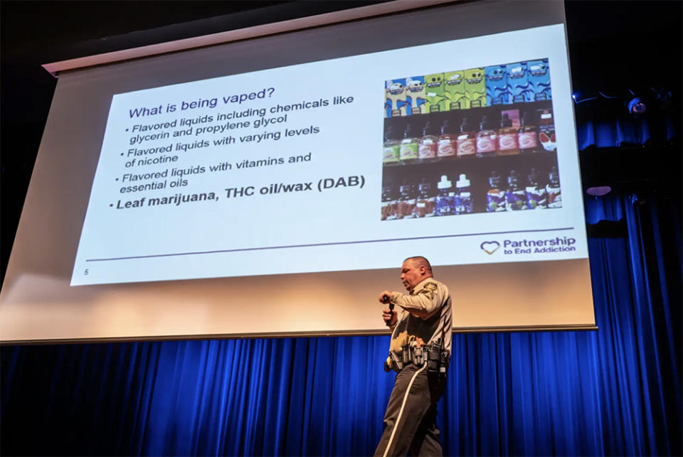 Cpl. Shawn Trevino warns parents about illegal vape products at school during a community meeting about vaping and drug use at Smithson Valley High School in Spring Branch on Feb. 9. He did not mention delta-8. (Sergio Flores/The Texas Tribune)