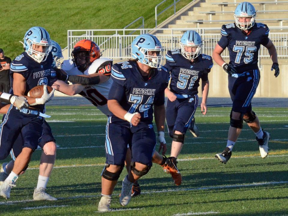 Up against a big and physical Gaylord team Friday night, Petoskey's offensive line, including JD Cantrell (74), Rowan Dohm (51) and Brody Shaw (75) may be the key to the Northmen pulling out the victory.