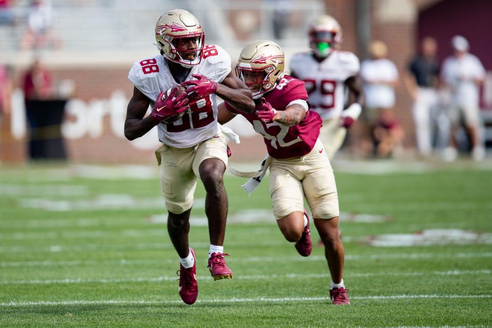 Florida State Seminoles wide receiver Kentron Poitier (88) makes his way down the field. Seminole fans watched as the Florida State football team hosted the FSU Garnet and Gold Spring Showcase on Saturday, April 15, 2023. 