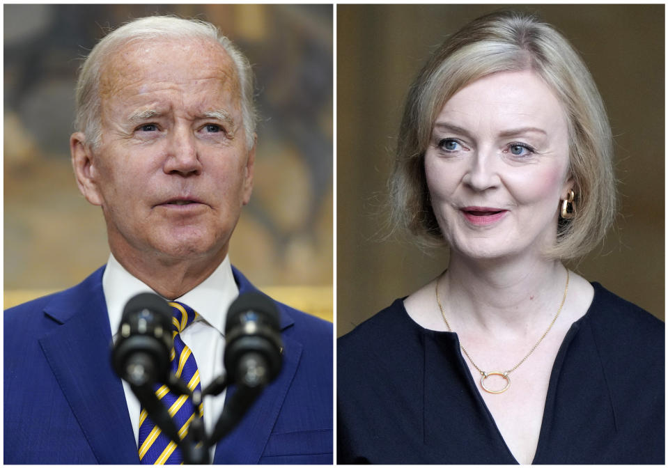 This combination of photos shows U.S. President Joe Biden at the White House on Aug. 24, 2022, in Washington, left, and Britain's Prime Minister Liz Truss at Westminster Hall, in the Palace of Westminster, in London on Sept. 12, 2022. The prime minister's office said Biden and Truss will meet on Sunday, Sept. 18, at 10 Downing Street, one of several meetings that the new prime minister plans to hold with world leaders converging on London for Monday's royal funeral. (AP Photo)