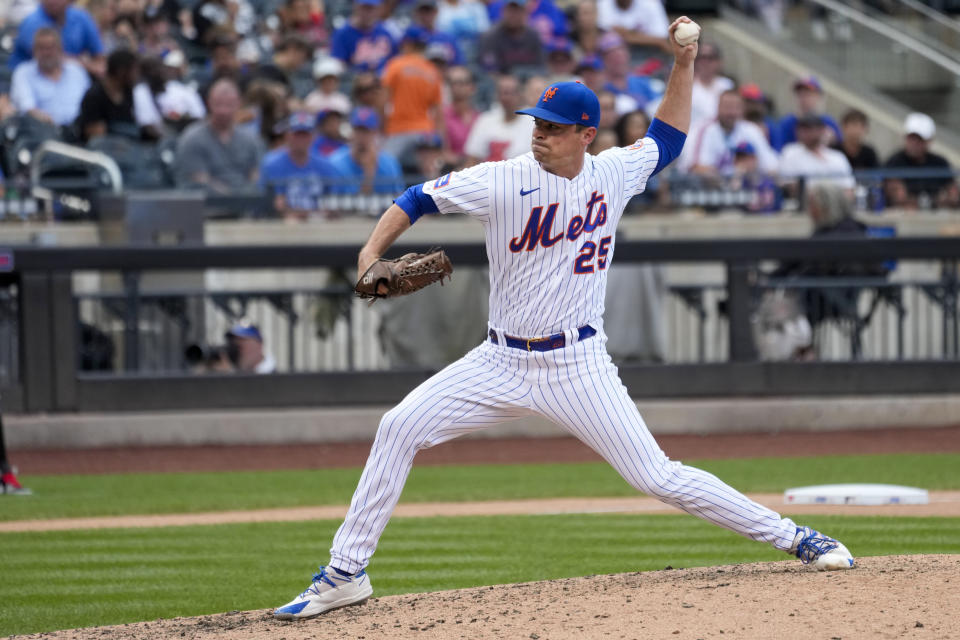 New York Mets pitcher Brooks Raley delivers against the Pittsburgh Pirates during the seventh inning of a baseball game, Wednesday, Aug. 16, 2023, in New York. (AP Photo/Mary Altaffer)