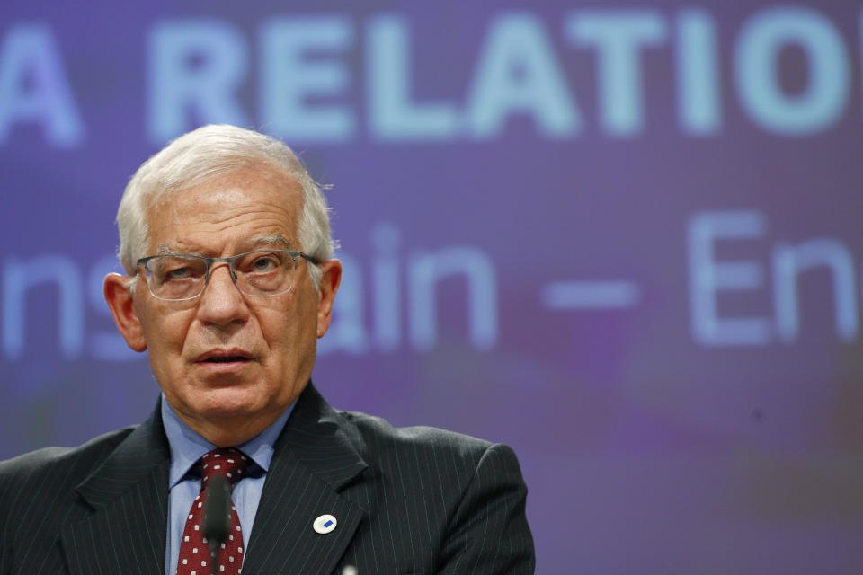 European Union foreign policy chief Josep Borrell listens to a question during a news conference at the European Commission headquarters in Brussels, Wednesday, June 16, 2021. Borrell unveiled a new set of proposals for the EU to deal with an increasingly authoritarian Russia, and his report will be discussed by the bloc's leaders at a summit next week. (Johanna Geron/Pool Photo via AP)