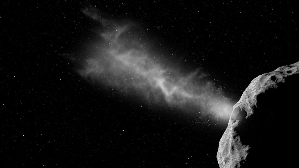 a dust plume jetting from an asteroid into space, in an artist's impression