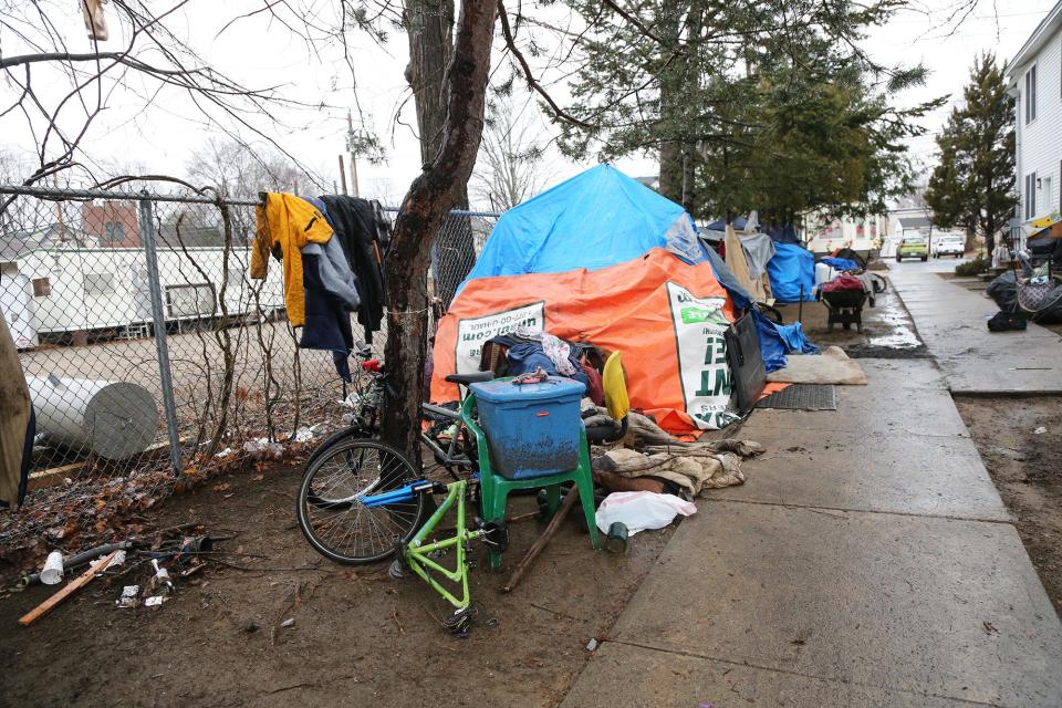 This campsite is seen standing on Friday, Dec. 29, 2023. It caught fire over the weekend and was destroyed. It was part of the homeless encampment located in the back of the First Church Congregational in Rochester.