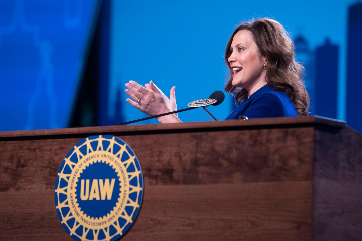 Michigan Gov. Gretchen Whitmer takes the stage at the UAW special bargaining convention at Huntington Place in Detroit, Tuesday, March 28, 2023.