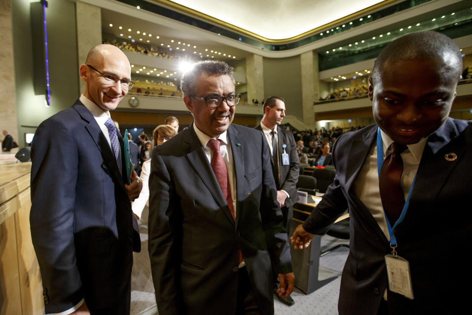 Tedros Adhanom Ghebreyesus, center, Director General of the World Health Organization (WHO) arrives for the opening of the 72nd World Health Assembly at the European headquarters of the United Nations in Geneva, Switzerland, Monday, May 20, 2019. (Salvatore Di Nolfi/Keystone via AP)