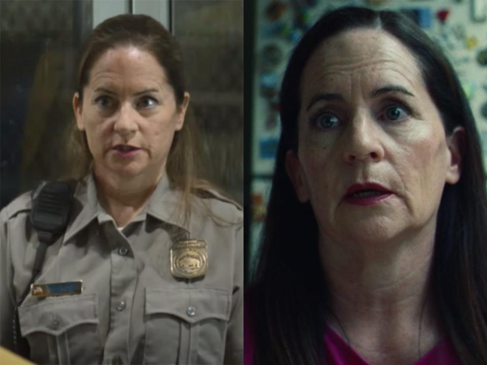 On the left: Martha Kelly as a tour guide in "Spider-Man: Homecoming." On the right: Kelly as Laurie on "Euphoria."