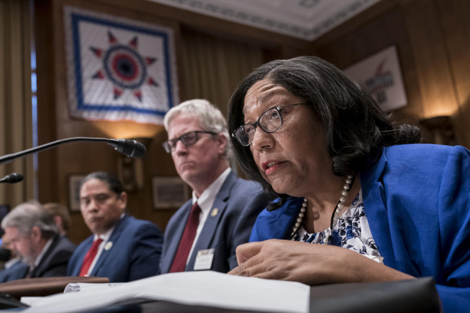 Marilyn Vann, president of the Descendants of Freedmen of the Five Tribes Association of Oklahoma City, testifies before the Senate Indian Affairs Committee about the status of the descendants of enslaved people formerly held by the Muscogee (Creek), Chickasaw, Choctaw, Seminole and Cherokee Nations, at the Capitol in Washington, Wednesday, July 27, 2022. (AP Photo/J. Scott Applewhite)