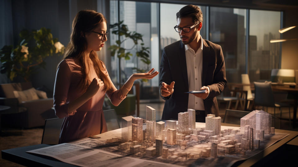 A real estate broker discussing options with a customer using digital maps and virtual reality.