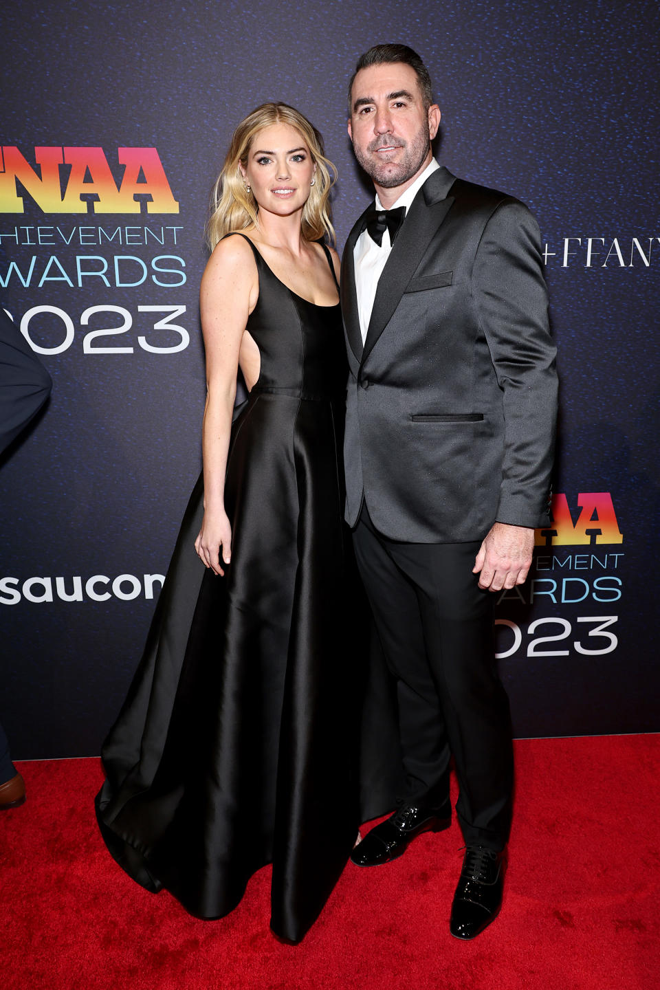 NEW YORK, NEW YORK - NOVEMBER 29: (L-R) Kate Upton and Justin Verlander attend the 2023 Footwear News Achievement Awards at Cipriani South Street on November 29, 2023 in New York City. (Photo by Jamie McCarthy/Footwear News via Getty Images)