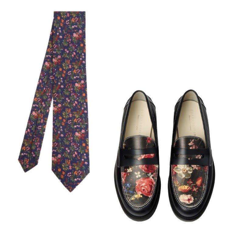 Silk tie, £130, Liberty London, Leather loafers, £260, Duke & Dexter