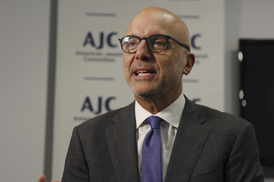 American Jewish Committee (AJC) CEO Ted Deutch is seen during an interview, Friday, Feb. 8, 2024, in Boca Raton, Fla. Nearly two-thirds of American Jews feel less secure in the U.S. than they did a year ago. That's according to the latest annual survey from the AJC. (AP Photo/Cody Jackson)