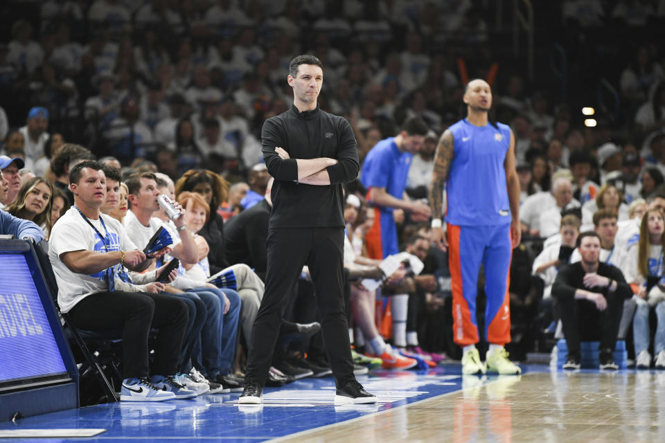 Oklahoma City Thunder head coach Mark Daigneault watches his team in the first half of Game 1 of an NBA basketball first-round playoff series against the New Orleans Pelicans, Sunday, April 21, 2024, in Oklahoma City. (AP Photo/Kyle Phillips)