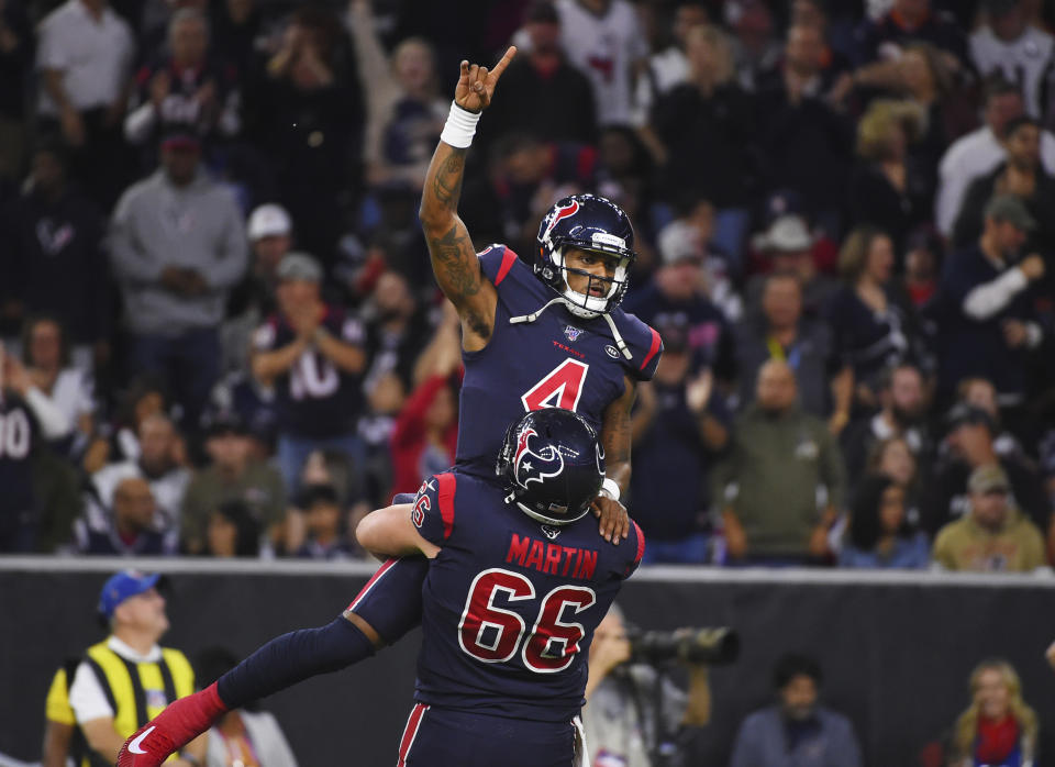 Houston Texans quarterback Deshaun Watson scored a fun touchdown on Sunday night. (AP Photo/Eric Christian Smith)
