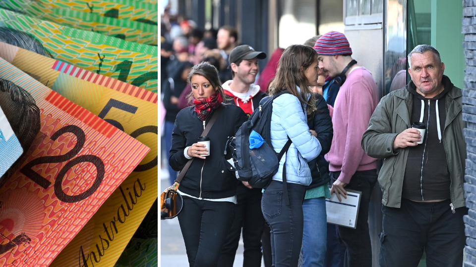 Australian money notes. Australians lining up. Financial hardship concept.