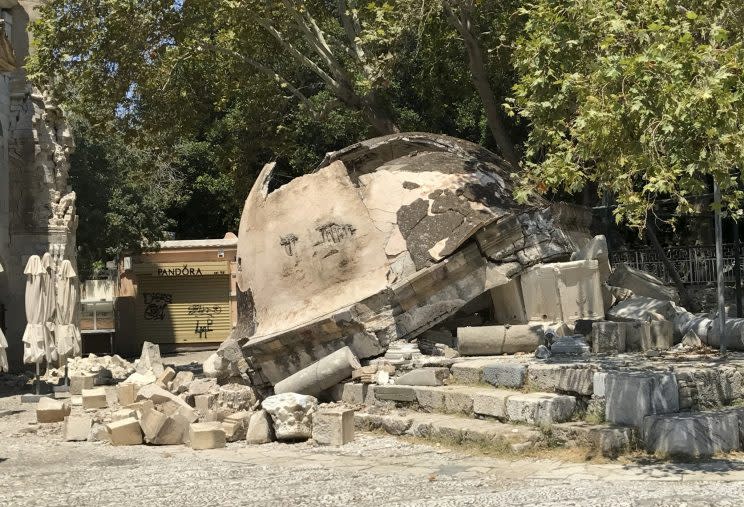 A damaged structure sits on the ground after an earthquake in Kos on the island of Kos, Greece Friday, July 21, 2017. (AP Photo/Michael Probst)