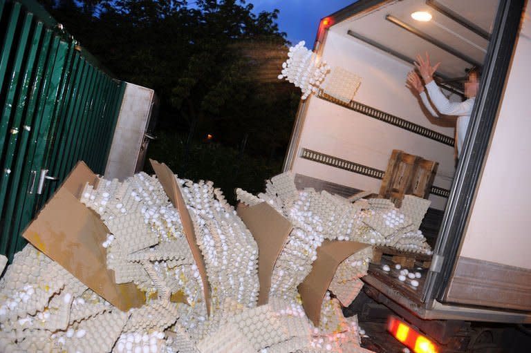 Egg producers throw crates of eggs from the back of a truck onto the sidewalk in front of the taxes and internal revenue service office in Carhaix-Plouguer, Brittany, western France, during a protest against low prices, on August 7, 2013. The group destroyed 100,000 eggs a day after a similar protest in the neighbouring Cotes d'Armor department