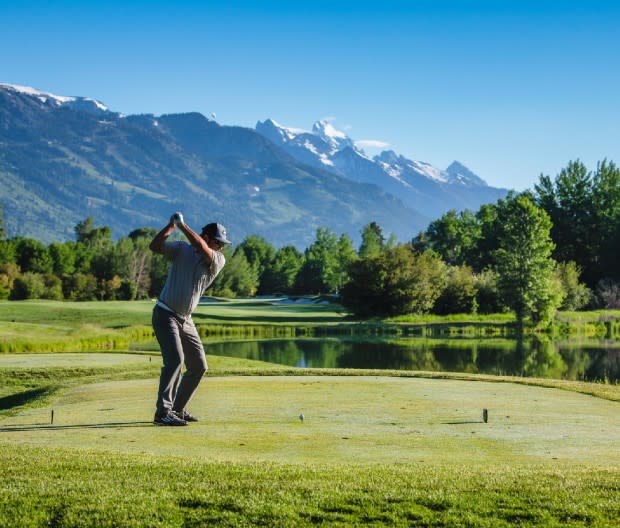 9th hole at Teton Pines. In the background: Grand Teton and Jackson Hole Mountain Resort.<p>Courtesy image</p>