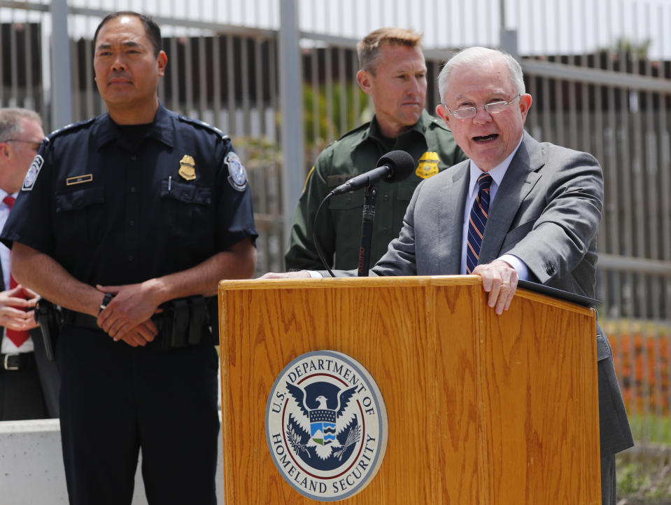 U.S. Attorney General Jeff Sessions speaks during a visit to the U.S.-Mexico border wall. (Photo: Mike Blake/Reuters)