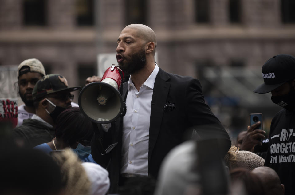Former NBA player Royce White speaks during a protest outside the Hennepin County Government Center on May 29, 2020, in Minneapolis, Minnesota. White, a Minnesota native, joined former NBA player Stephen Jackson calling for the prosecution the officers involved in the killing of George Floyd.