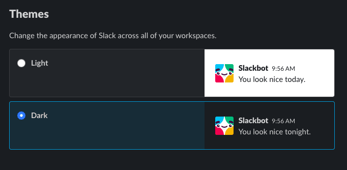 Dark mode selection on Slack for desktop