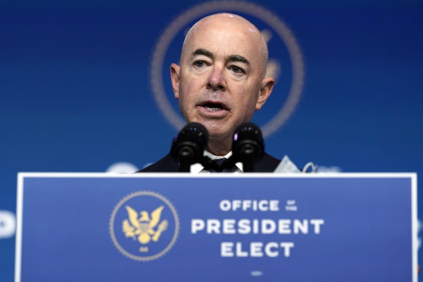 President-elect Joe Biden's Homeland Security Secretary nominee Alejandro Mayorkas speaks at The Queen theater, Tuesday, Nov. 24, 2020, in Wilmington, Del. (AP Photo/Carolyn Kaster)