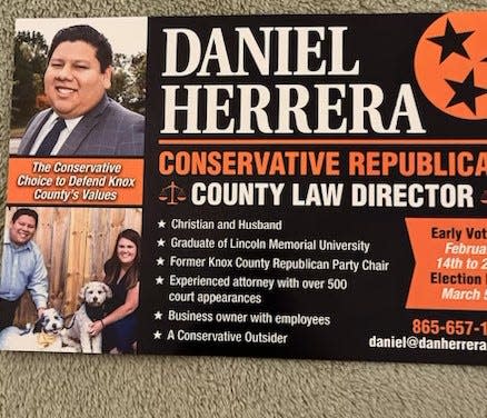 A campaign flyer describes law director candidate Daniel Herrera as a "conservative outsider," business owner and experienced attorney with "over 500 court appearances," but in Knox County he's handled only 59 cases and he's been a licensed lawyer for less than three years.