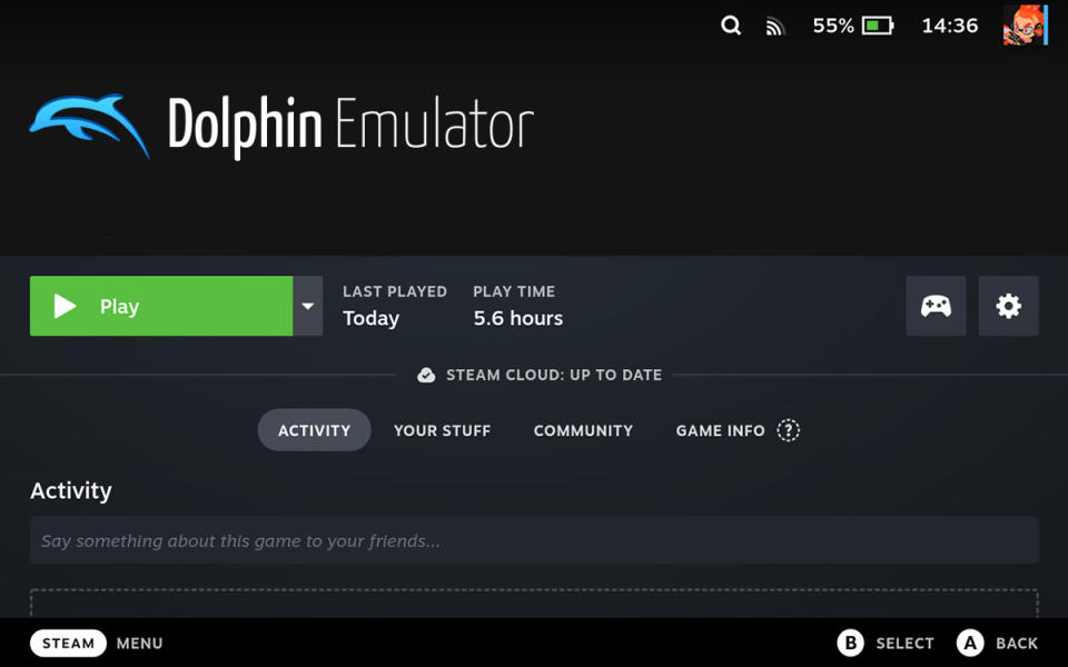 Screenshot of the (canceled) Dolphin Emulator for Steam. A large title says 