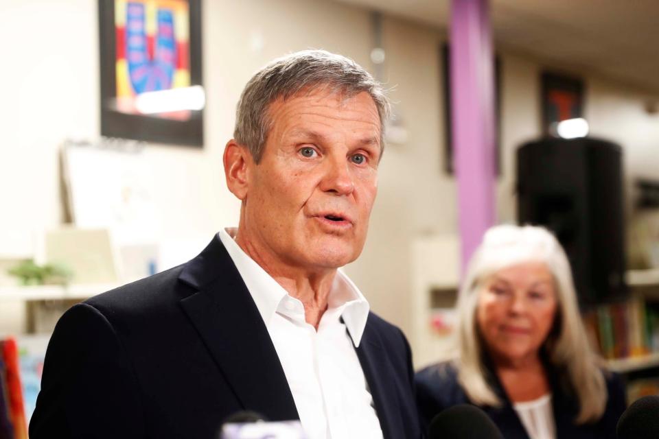 Governor Bill Lee speaks to the media about school vouchers after a panel consisting of parents, the head of New Hope Christian Academy, and Speaker Cameron Sexton on Wednesday, December 13, 2023 at the New Hope Christian Academy library in Memphis, Tenn.