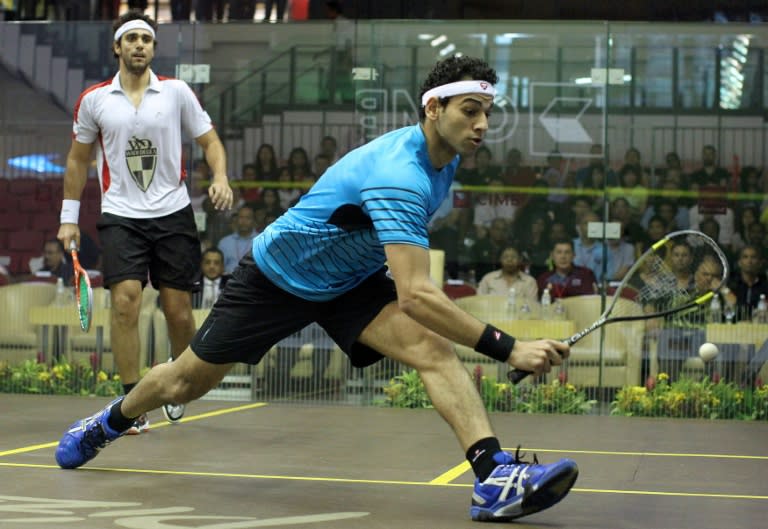 Mohamed El Shorbagy of Egypt (R) revealed his anger at the likely loss of the world number one ranking during the Squash British Open