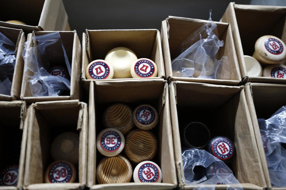 Bats for the Washington Nationals are stowed away in boxes in the equipment room at their spring training baseball facility, Thursday, Feb. 13, 2014, in VIera, Fla. (AP Photo/Alex Brandon)