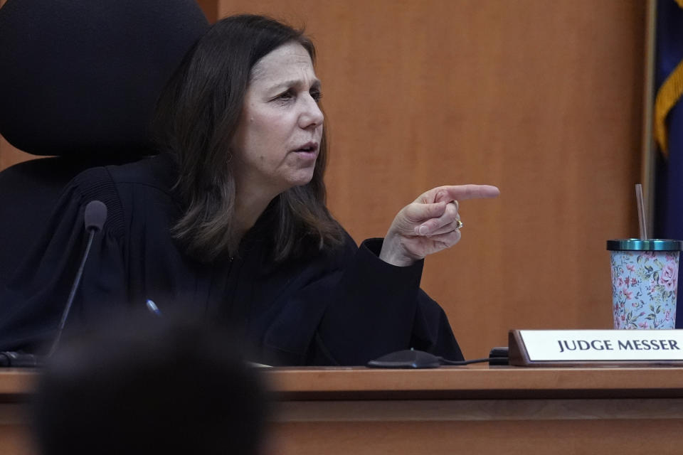 Judge Amy Messer addresses defense and prosecution attorneys during the trial of the Adam Montgomery at Hillsborough County Superior Court, Tuesday, Feb. 20, 2024, in Manchester, N.H. Montgomery is facing second-degree murder and other charges in the death of his daughter, Harmony. (AP Photo/Charles Krupa, Pool)