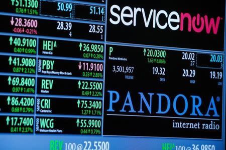 A screen displays the name of music streaming company Pandora on the floor of the New York Stock Exchange shortly after the start of trading in New York July 1, 2013. REUTERS/Lucas Jackson