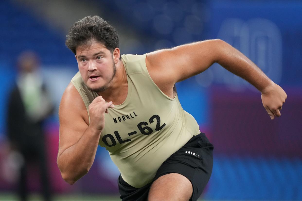 Mar 3, 2024; Indianapolis, IN, USA; Washington offensive lineman Roger Rosengarten (OL62) during the 2024 NFL Combine at Lucas Oil Stadium. Mandatory Credit: Kirby Lee-USA TODAY Sports