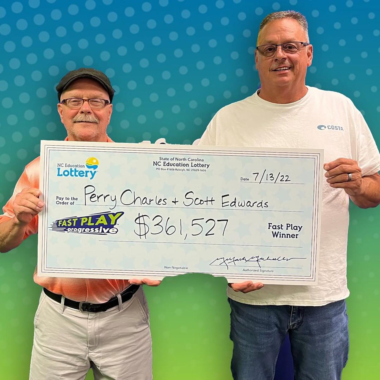 Scott Edwards of Julian and Perry Charles of Lexington. Friends of 35 Years Keep Promise to Split Lottery Jackpot with One Another: 'a True Friend'. NC Education Lottery.