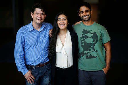 Corbin Trent (L), Alexandra Rojas (C), and Saikat Chakrabarti of Justice Democrats pose for a photo at the Netroots Nation annual conference for political progressives in New Orleans, Louisiana, U.S., August 4, 2018. Picture taken August 4, 2018. REUTERS/Jonathan Bachman