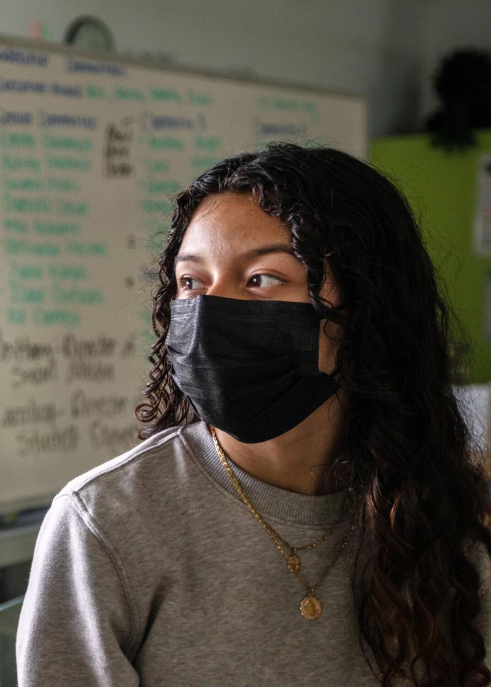 The face of Emily Gramajo, with long brown hear and wearing a black mask