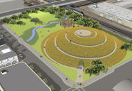 This rendering provided by the Sacred Land Film Project shows the proposed Shellmound cultural site in Berkeley, Calif. The Berkeley City Council on Tuesday, March 12, 2024, will consider a settlement to return land that once held the Shellmound village site, a ceremonial and burial site, to the Sogorea Te' Land Trust, a Bay Area collective that works to return land to Indigenous people. (Chris Walker/Sacred Land Film Project via AP)
