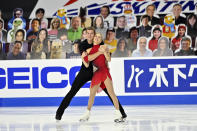 Alexa Scimeca Knierim and Brandon Frazier of the United States, compete during the pairs short program in the International Skating Union Grand Prix of Figure Skating Series Friday, Oct. 23, 2020, in Las Vegas. (AP Photo/David Becker)