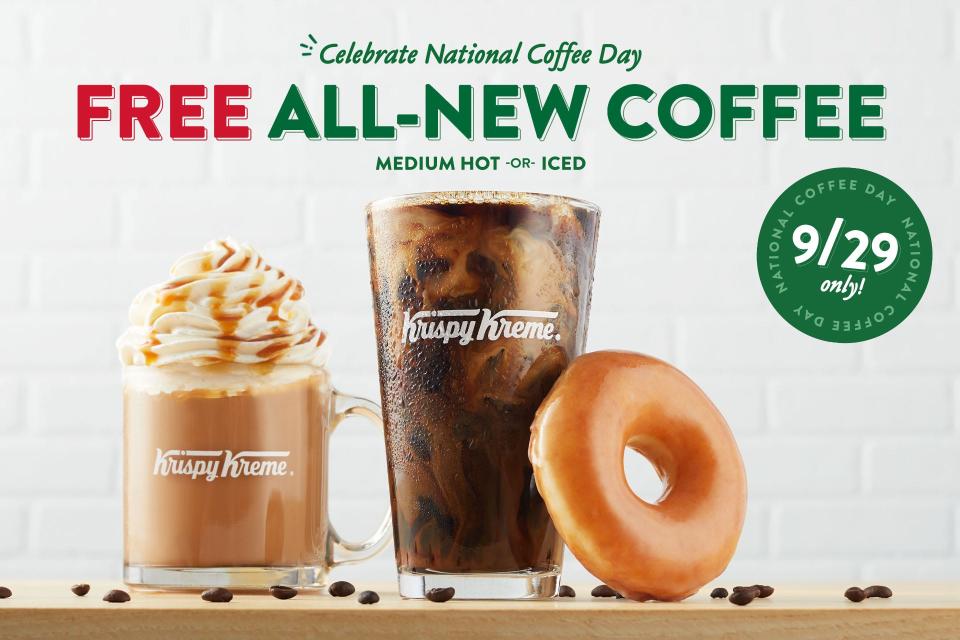 On National Coffee Day, which is Sept. 29, 2023, Krispy Kreme is giving all guests can a free medium hot or iced coffee, no purchase necessary